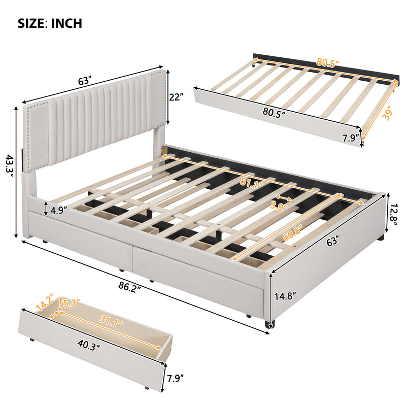 Queen Size Upholstered Platform Bed with 2 Drawers and 1 Twin XL Trundle, Classic Headboard Design, Beige