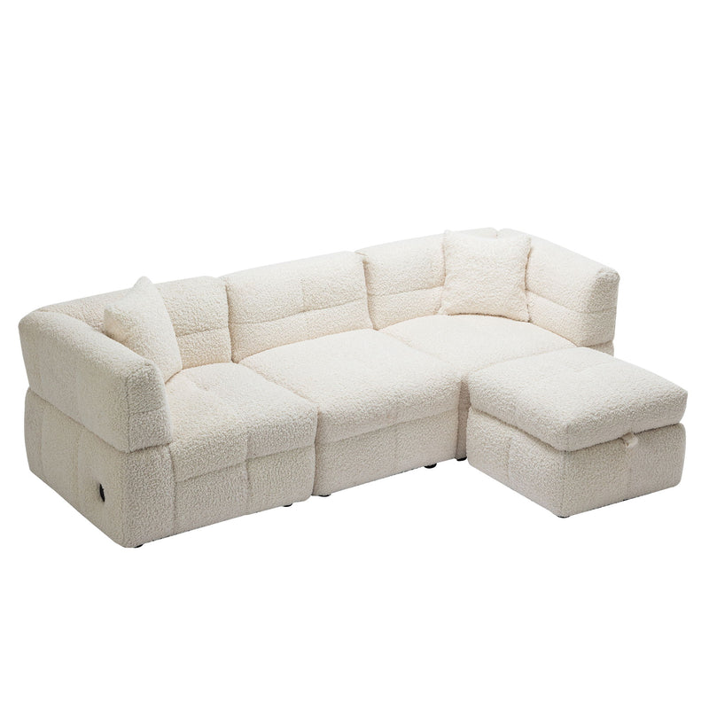 Sectional Sofa Cozy Teddy Fleece Sectional Sofa Couch With Two USB Ports A Movable Storage Ottoman And Two Lumbar Pillows For Living Room