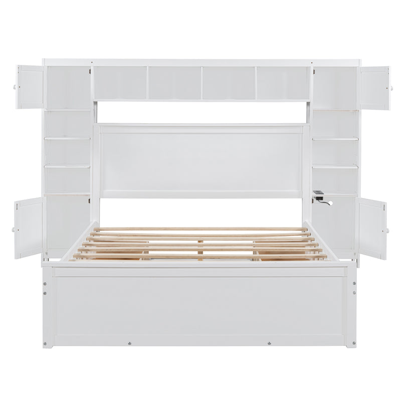 Queen Size Wooden Bed With All-in-One Cabinet, Shelf and Sockets, White