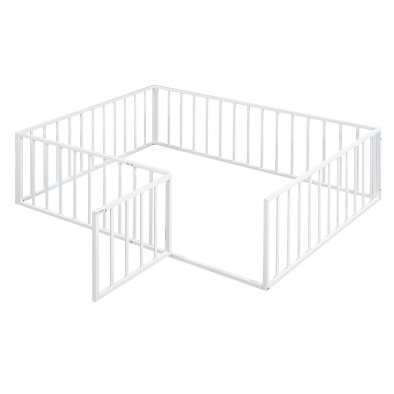 Metal Floor Bed Frame With Fence And Door - Black