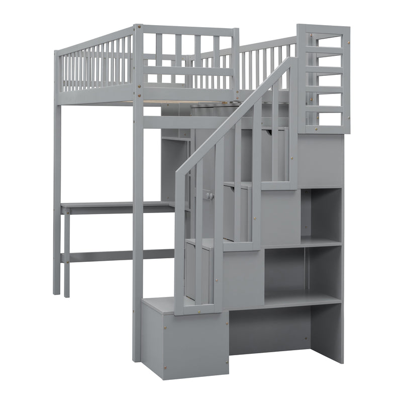 Twin size Loft Bed with Bookshelf,Drawers,Desk,and Wardrobe-Gray