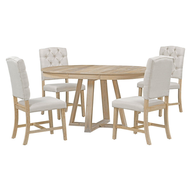 Retro Functional Dining Set, Round Table With Leaf And Upholstered Chairs For Dining Room And Living Room