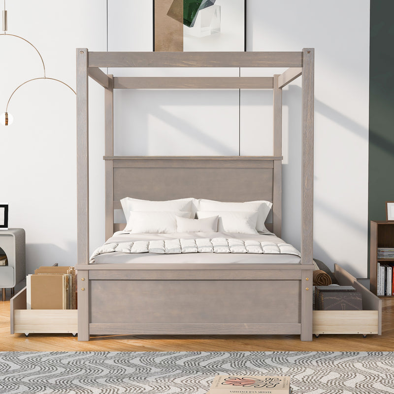 Wood Canopy Bed with four Drawers ,Full Size Canopy Platform Bed With Support Slats .No Box Spring Needed, Brushed Light Brown