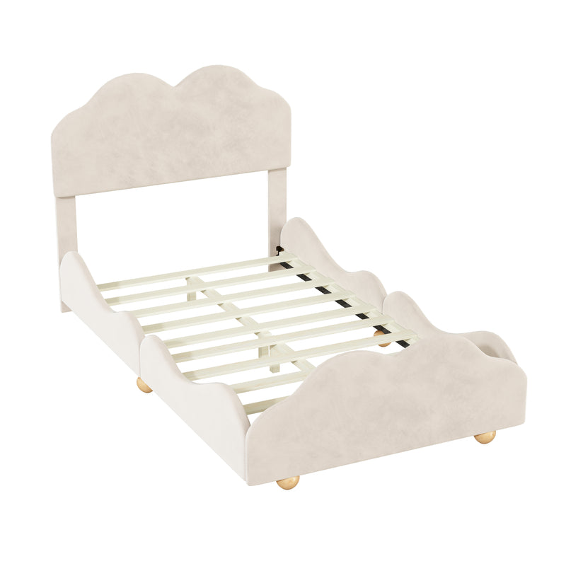 Twin Size Upholstered Platform Bed with Cloud Shaped bed board, Beige