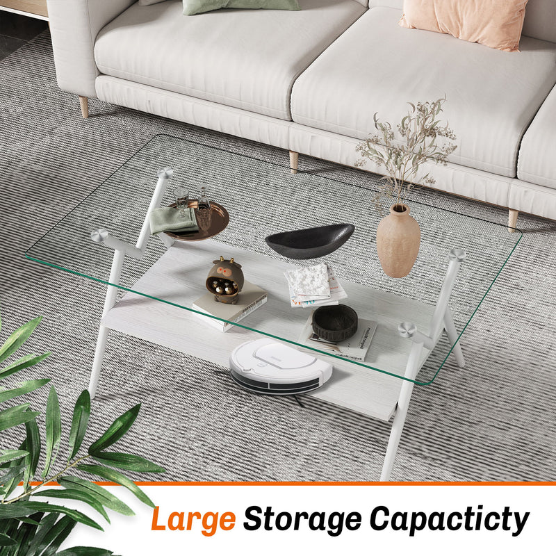 Rectangle Coffee Table With Tempered Glass Top And Shelf, Modern Table For Living Room