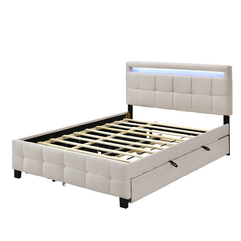 Queen Size Upholstered Platform Bed with LED Frame, with Twin XL Size Trundle and 2 drawers, Linen Fabric, Beige