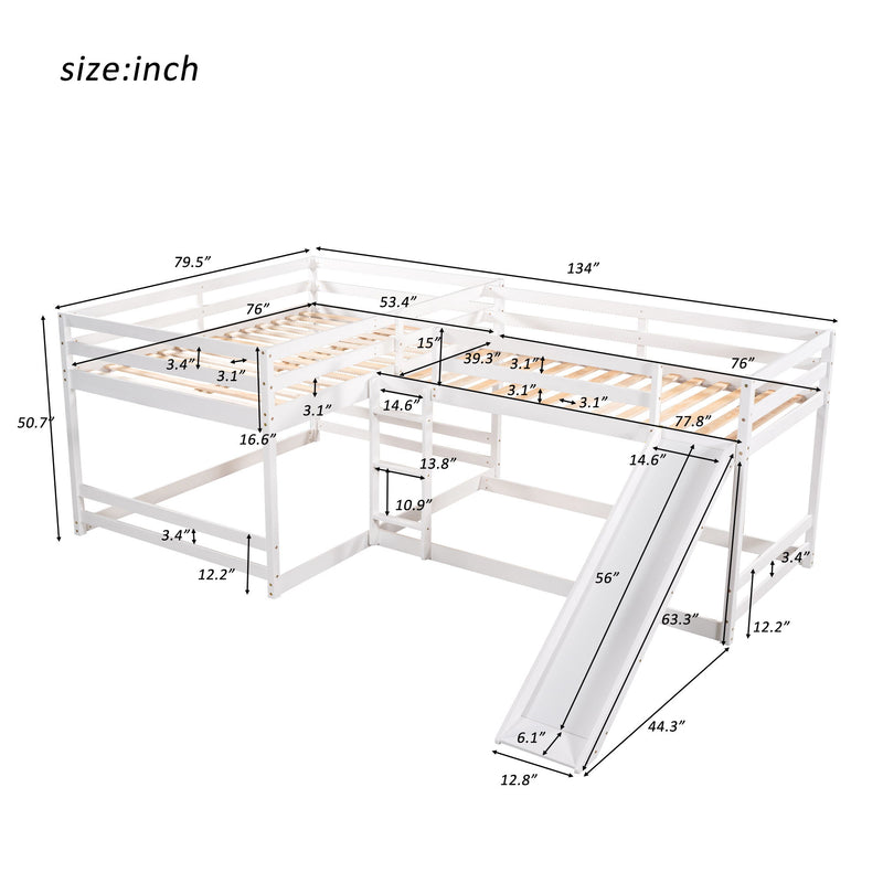 L-Shaped Bunk Bed With Slide And Short Ladder