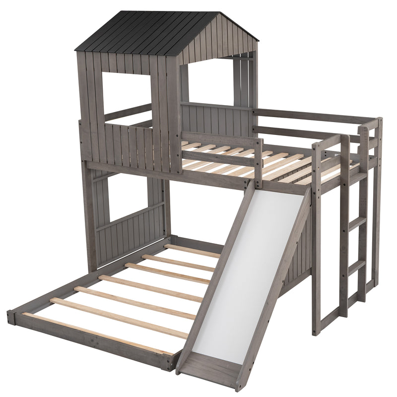 Wooden Twin Over Full Bunk Bed, Loft Bed with Playhouse, Farmhouse, Ladder, Slide and Guardrails, Antique Gray(OLD SKU :LT000028AAE)