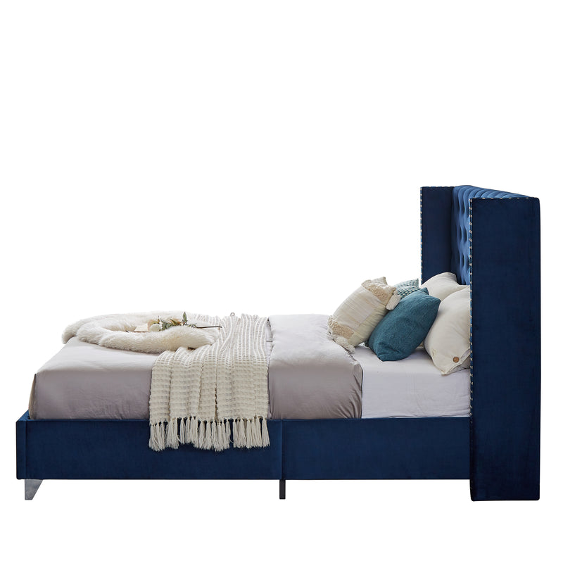 B100S Queen bed, Button designed Headboard,strong wooden slats + metal legs with Electroplate