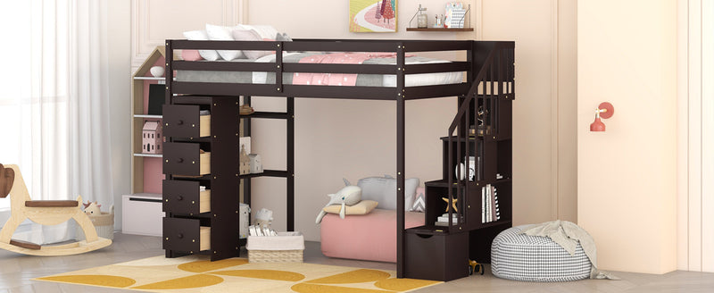 Twin size Loft Bed with Storage Drawers and Stairs, Wooden Loft Bed with Shelves - Espresso