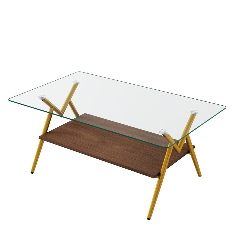 Rectangle Coffee Table With Tempered Glass Top And Shelf, Modern Table For Living Room