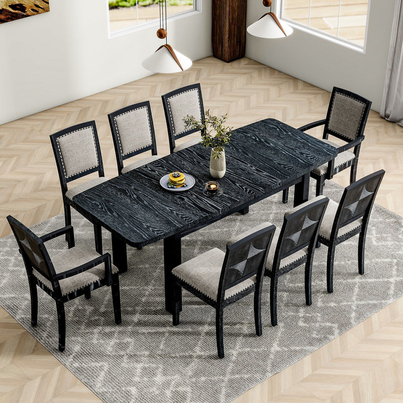 Topmax - Rustic Extendable Dining Table Set With Removable Leaf, 6 Upholstered Armless Dining Chairs And 2 Padded Arm Chairs, 9 Pieces