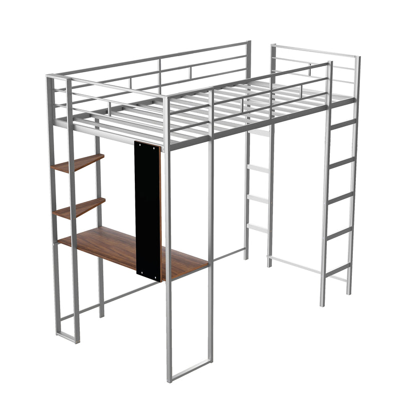 Twin Metal Loft Bed with 2 Shelves and one Desk ,Silver(Old SKU: MF281206AAN)