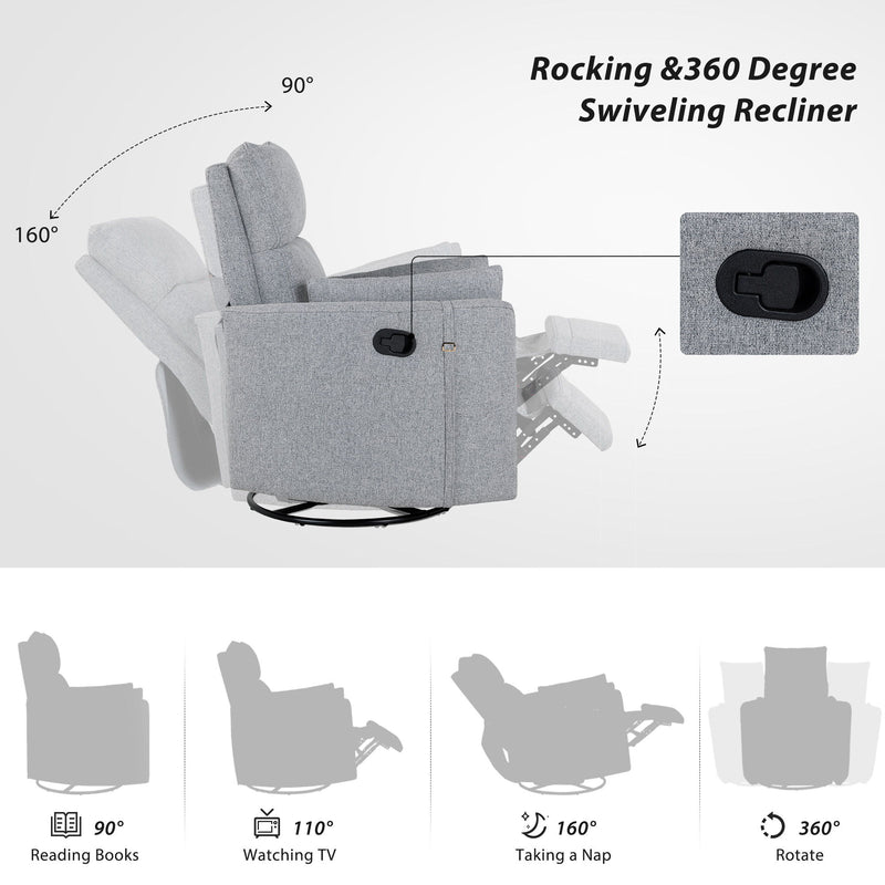 Upholstered Swivel Recliner Manual Rocker Recliner Chair Baby Nursery Chair With Two Removable Pillows For Living Room