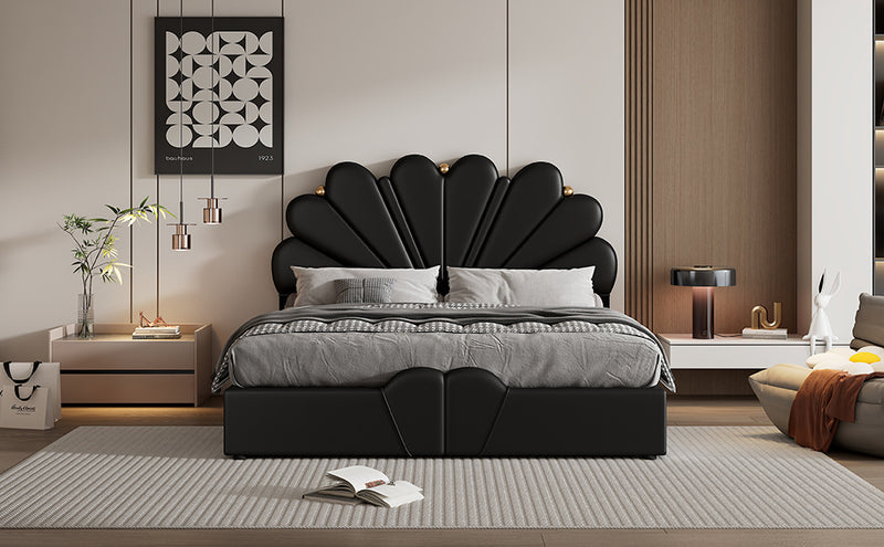 Queen Size Upholstered  Petal Shaped Platform Bed  with Hydraulic Storage System, PU Storage Bed, Decorated with metal balls, Black