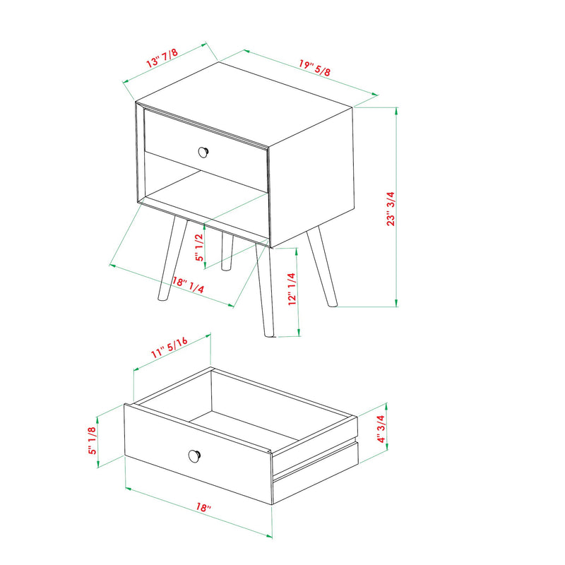 Mid-Century Modern Single Drawer Solid Wood Nightstand