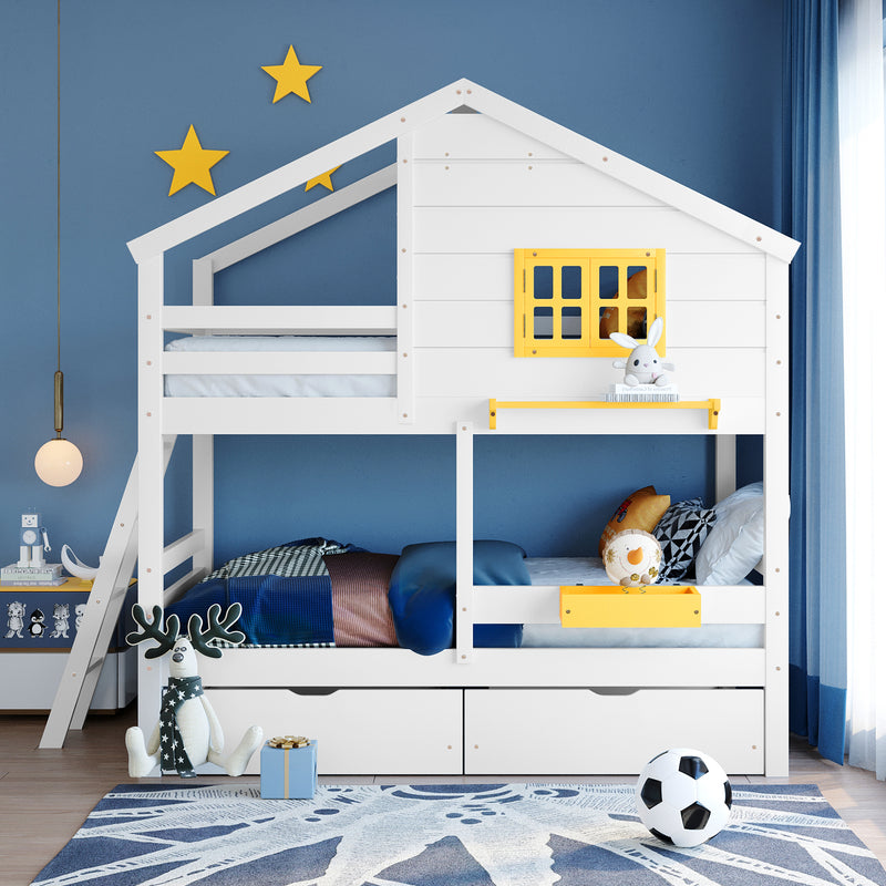 Twin over Twin Bunk Bed with 2 Drawers, 1 Storage Box, 1 Shelf, Window and Roof-White(OLD SKU:LT000608AAK)