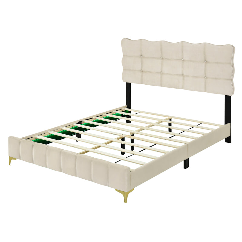 Queen Size Velvet Platform Bed with LED Frame and Stylish Mental Bed Legs, Beige