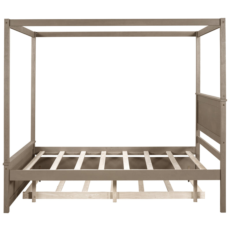 Wood Canopy Bed with Trundle Bed ,Full Size Canopy Platform bed With  Support Slats .No Box Spring Needed, Brushed  Light Brown