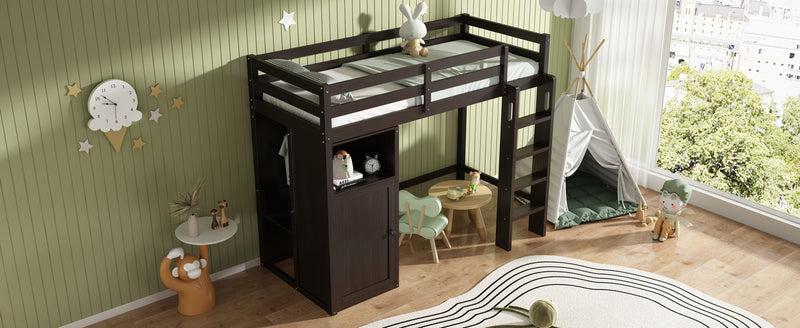 Twin Loft Bed with Wardrobe, Storage Shelves and Ladder, Espresso