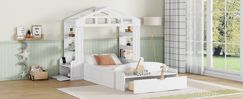 Twin Size House Bed with Bench, Socket and Shelves, White