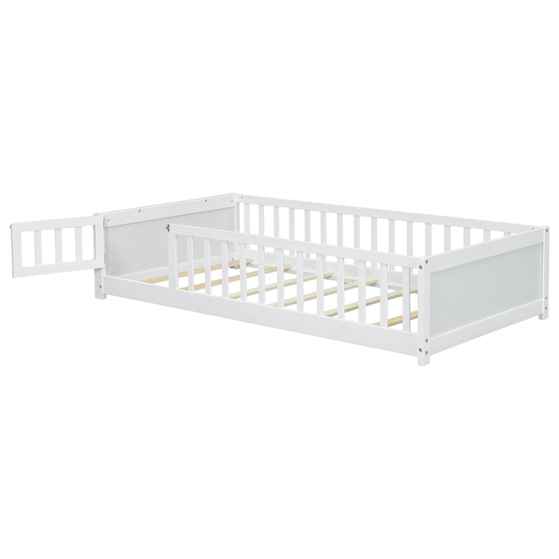 Twin size Floor Platform Bed with Built-in Book Storage Rack, Door,White