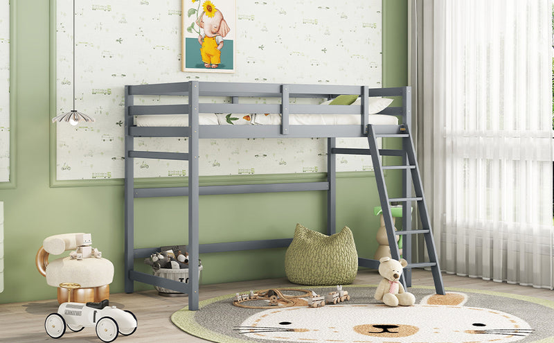 Twin Size High Loft Bed with inclined Ladder, Guardrails,Grey