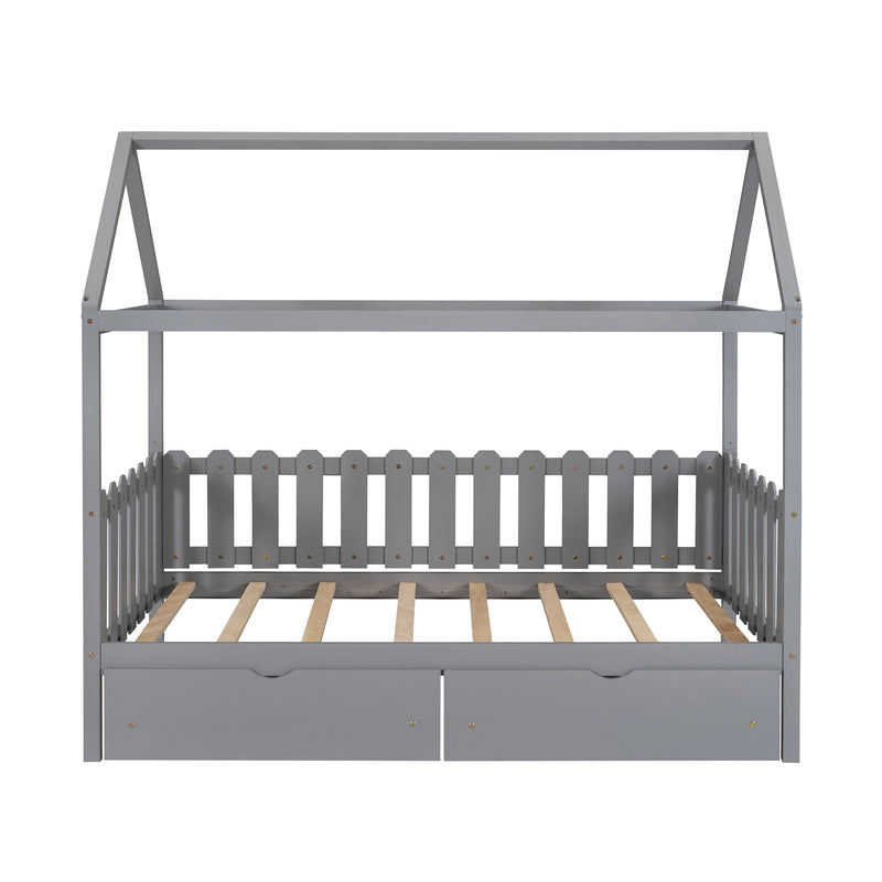 Twin Size House Bed with drawers, Fence-shaped Guardrail, Gray