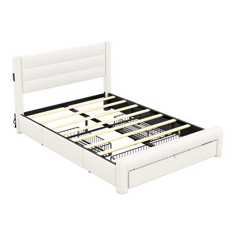 Queen Size Bed Frame with Drawers Storage, Leather Upholstered Platform Bed with Charging Station, White (Expect arrive date Jan. 12th. 2024)