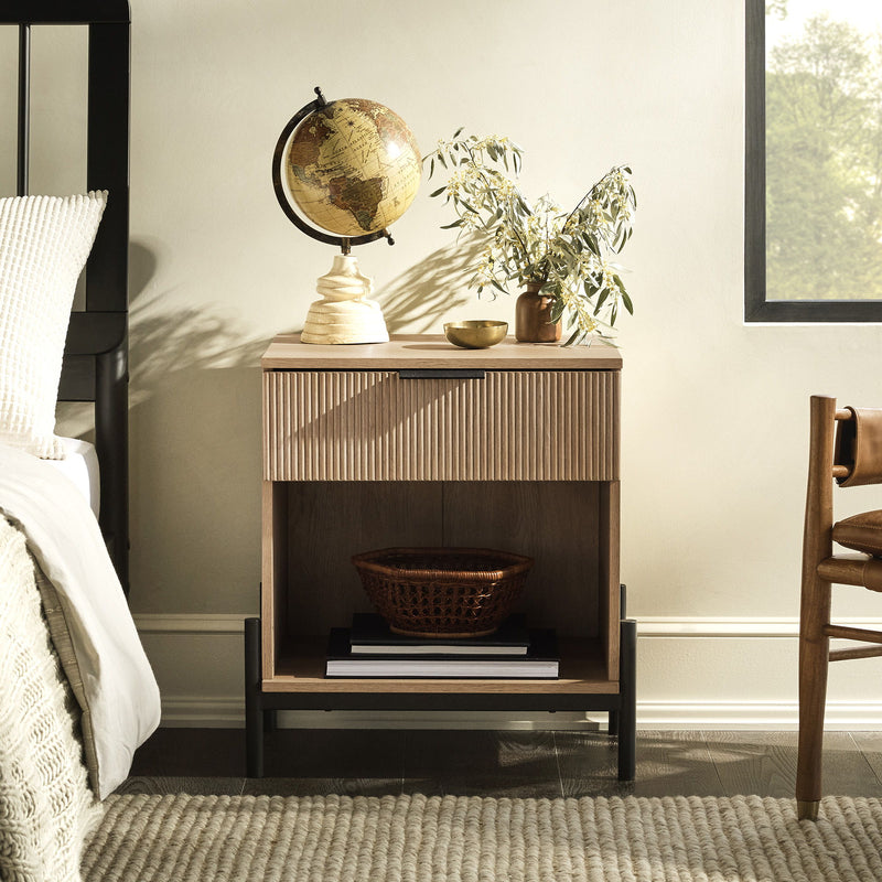 Modern Fluted Drawer Nightstand With Open Cubby Coastal