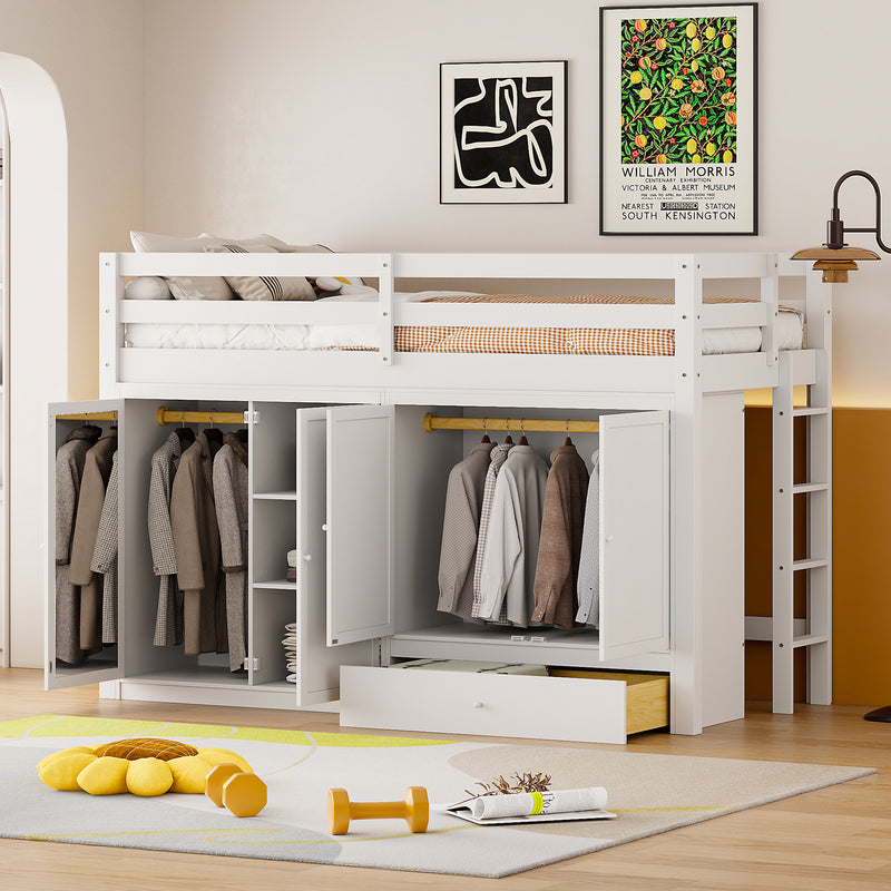 Twin size Loft Bed with Drawer, Two Wardrobes and Mirror, White