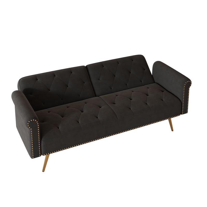 Velvet Nail Head Sofa Bed With Throw Pillow