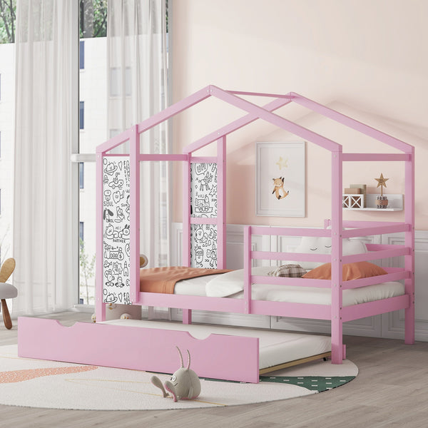 Twin Size Wood House Bed with Fence and Writing Board,Pink