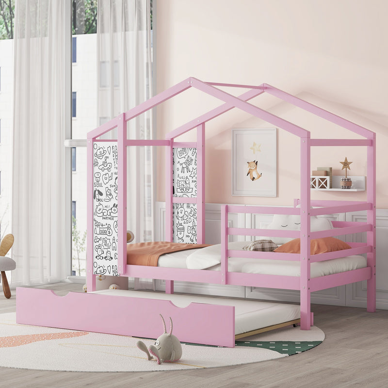 Twin Size Wood House Bed with Fence and Writing Board,Pink