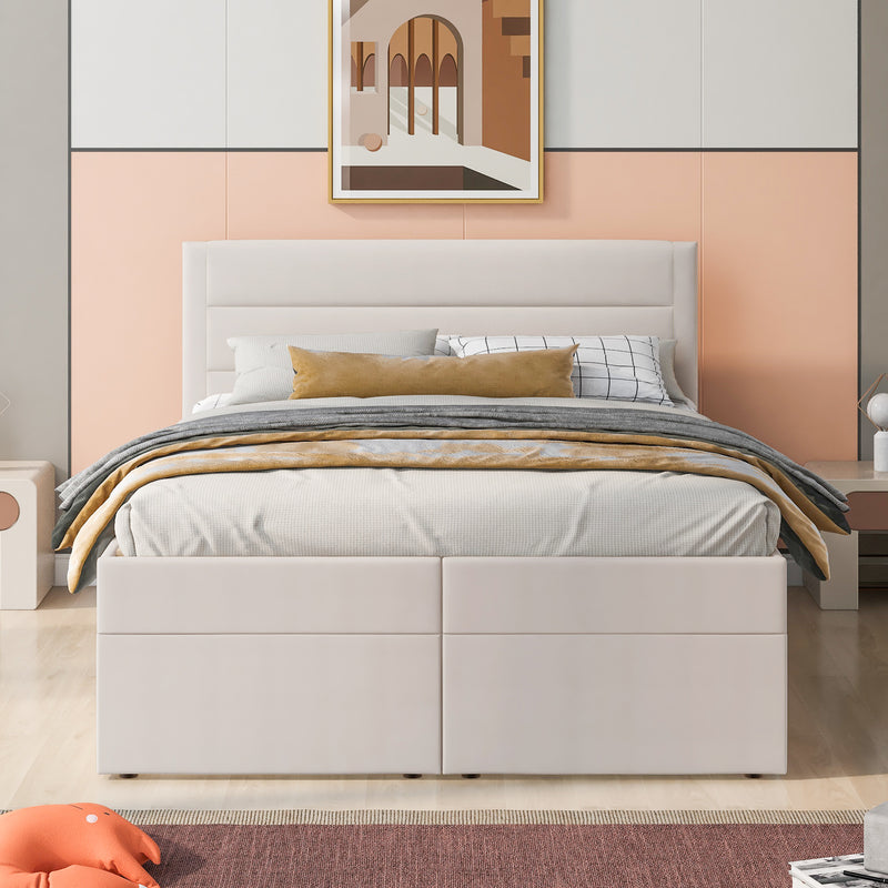 Queen Size Upholstered Platform Bed with Storage Underneath, Beige