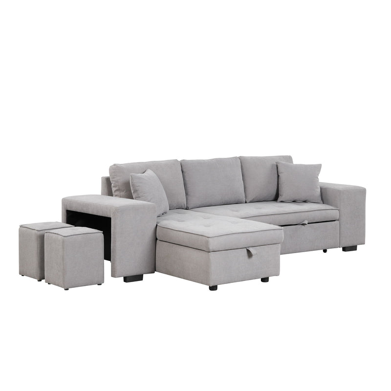 Pull Out Sleeper Sofa Reversible L-Shape 3 Seat Sectional Couch With Storage Chaise And 2 Stools For Living Room Furniture Set - Gray