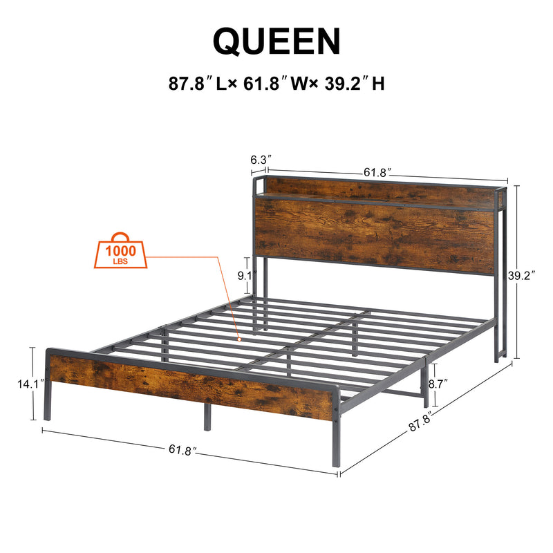 Bed frame with charging station queen size,87.80'' L x 61.80'' W x 39.2'' H