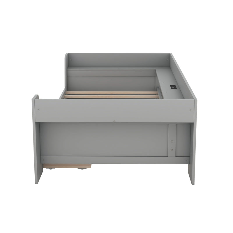 Twin Size Daybed with Shelves, Drawers and Built-In Charging Station, Gray