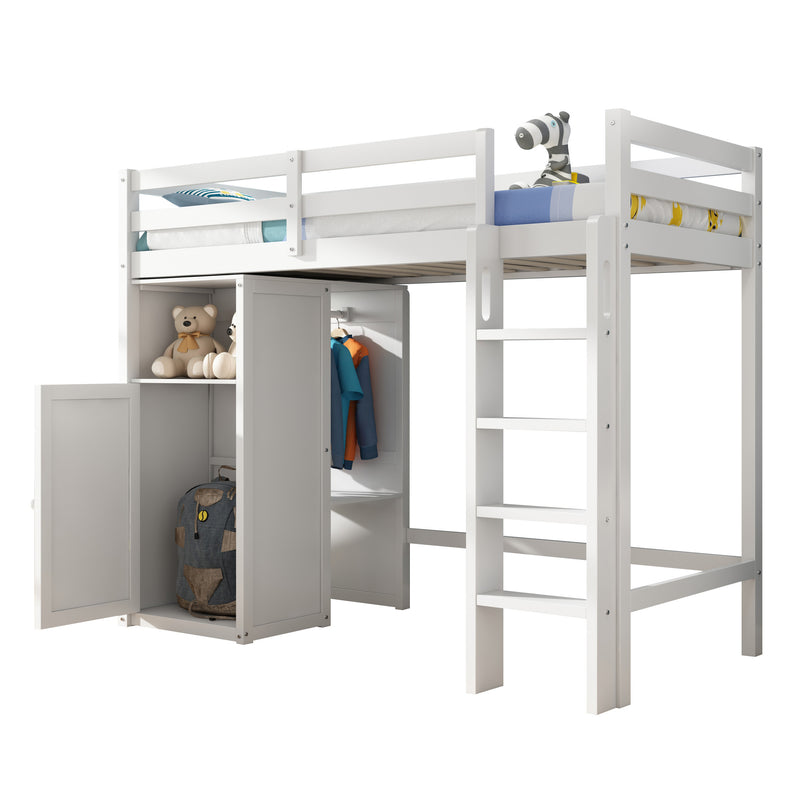 Twin Loft Bed with Wardrobe, Storage Shelves and Ladder, White