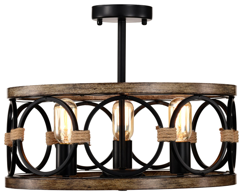 3 Light Drum Chandelier Farmhouse Chandelier Modern Pendant Light Fixtures For Kitchen Lighting Fixture For Dining Room, Foyer, Entry, Staircase, Hallway - Matte Black / Wood