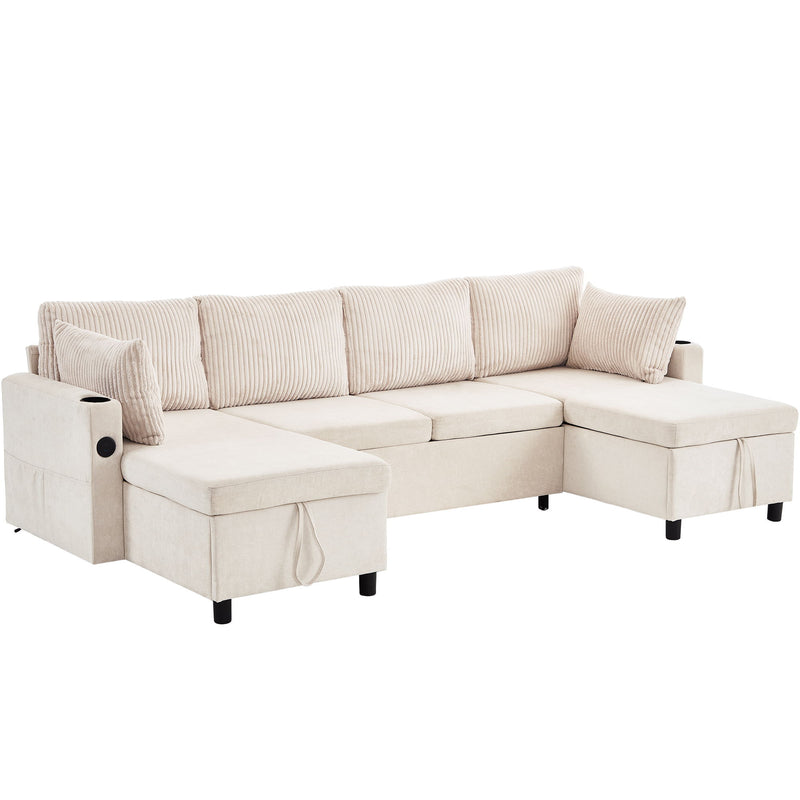 Sectional Sofa Pull Out Sofa Bed Versatile Sofa Sleeper With Large Storage Space, Two USB Ports And Two Cup Holders For Living Room