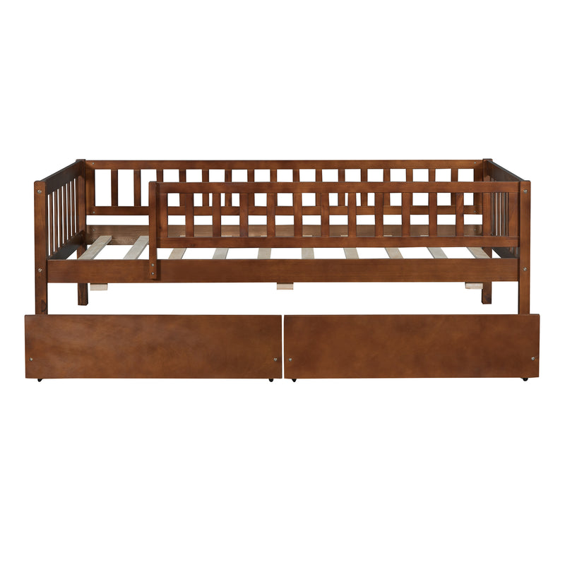 Twin Size Daybed Wood Bed with Two Drawers, Walnut