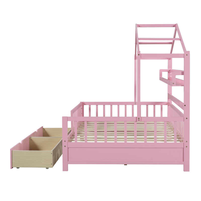 Wooden Full Size House Bed with 2 Drawers,Kids Bed with Storage Shelf, Pink