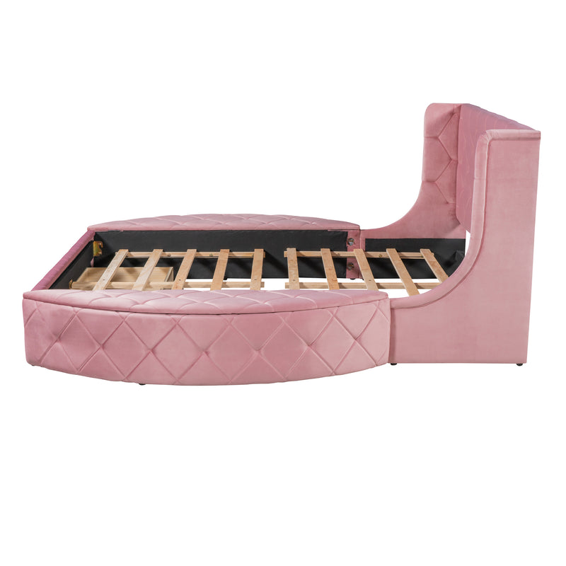 Upholstered Platform Bed Queen Size Storage Velvet Bed with Wingback Headboard and 1 Big Drawer,2 Side Storage Stool(Pink)