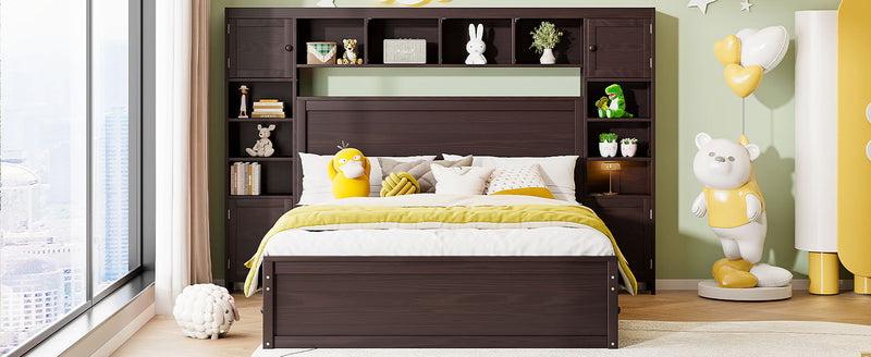 Queen Size Wooden Bed With All-in-One Cabinet, Shelf and Sockets, Espresso