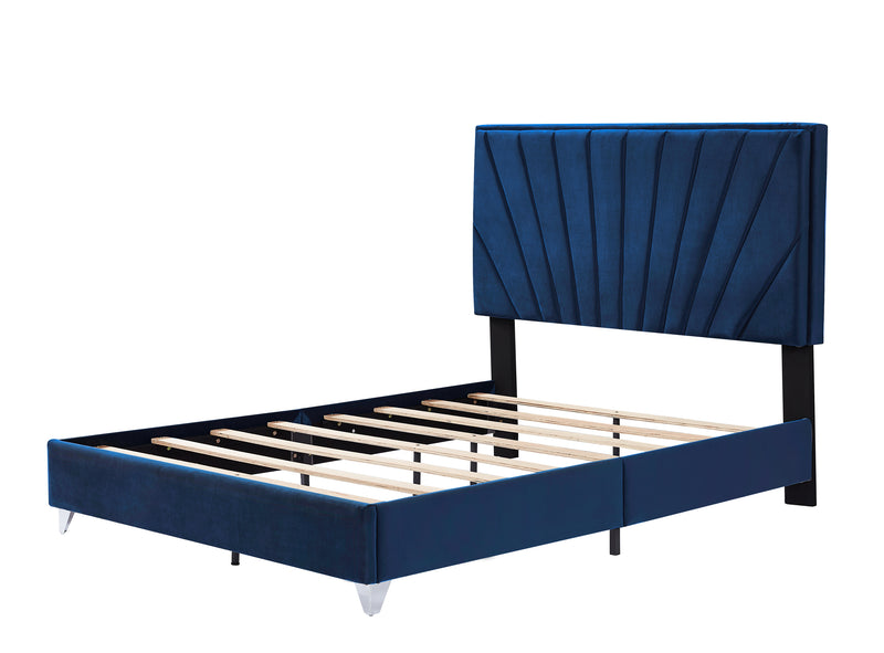 B108 Full bed with one nightstand, Beautiful line stripe cushion headboard , strong wooden slats + metal legs with Electroplate