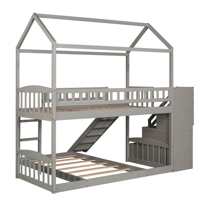 Twin Over Twin Bunk Bed with Two Drawers and Slide, House Bed with Slide, White(OLD SKU :LP000129AAE)