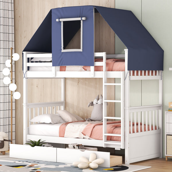 Twin Over Twin Bunk Bed Wood Bed with Tent and Drawers, White+Blue Tent