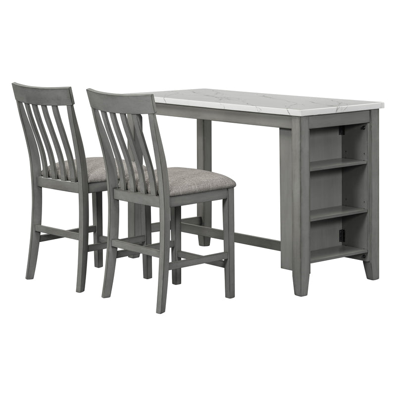 3-Piece Counter Height Dining Table Set With Built-In Storage Shelves, One Faux Marble Top Dining Table And 2 Counter Chairs With Footrest - Gray