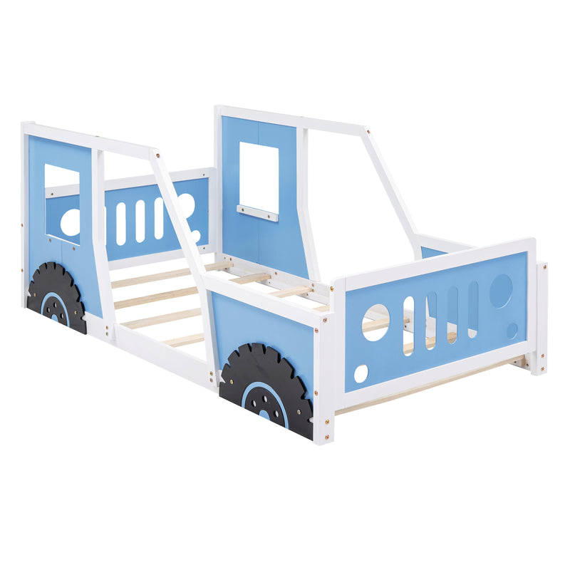 Twin Size Classic Car-Shaped Platform Bed with Wheels,Blue